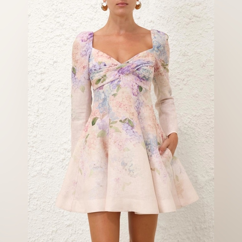 Zimmermann Pink and Purple Long Sleeve Fit and Flare Dress